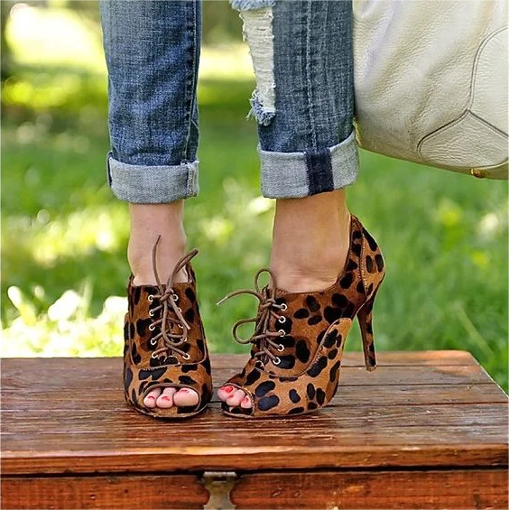 Brown Leopard Print Booties Lace Up Peep Toe Heeled Ankle Boots