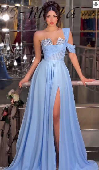 gorgeous blue prom dresses Split Chiffon One Shoulder A-Line Dress YK0335 Size-US:0 Watch the magic start R26D207478 Dancing Queen 1972 -