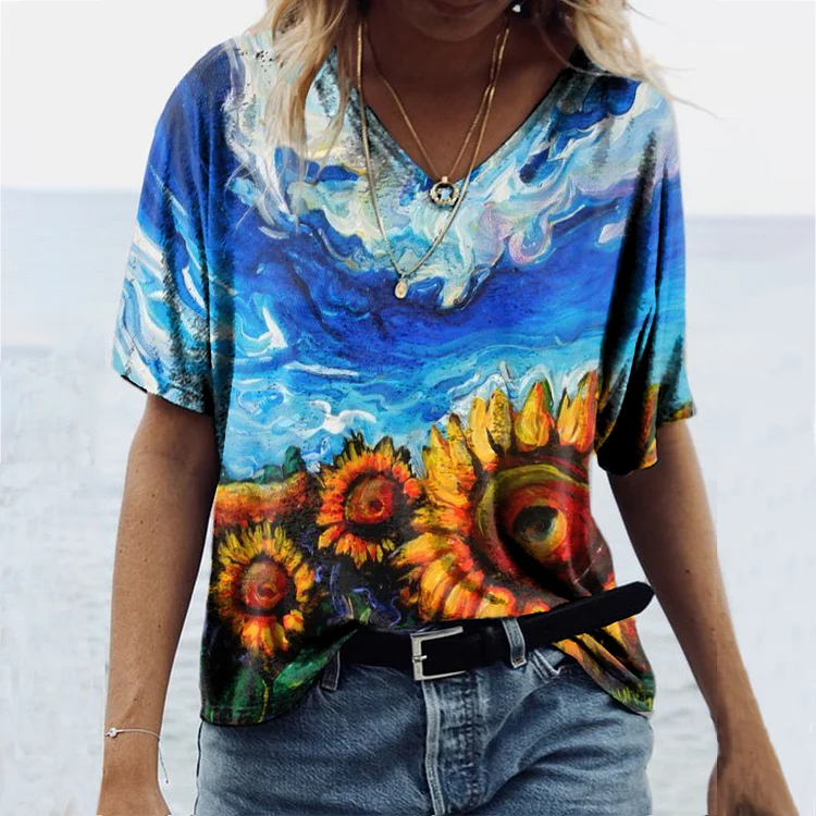 Vintage Blue Sky Sunflower Print T-Shirt