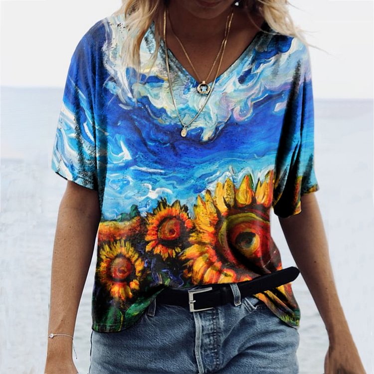 Vintage Blue Sky Sunflower Print T-Shirt