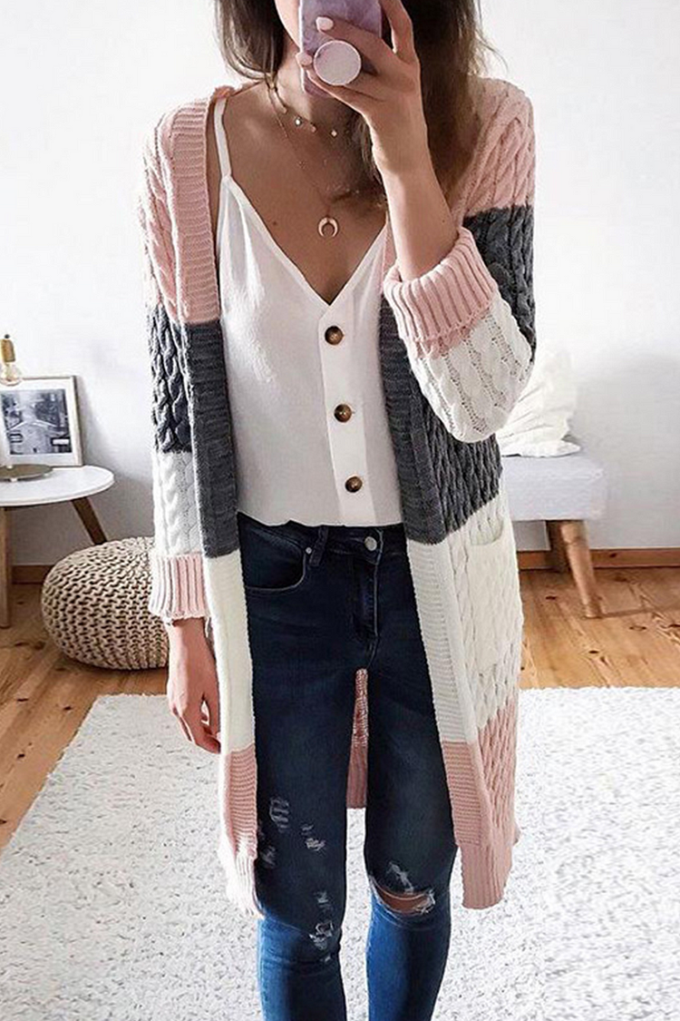 Casual Color Lump Pocket Contrast V Neck Sweater(4 Colors) - Life is Beautiful for You - SheChoic