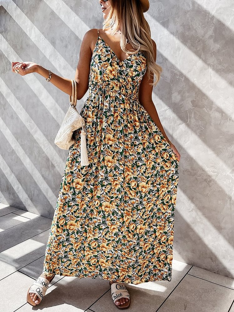 V-neck Smocked Waist Flower Print Maxi Dress P16341