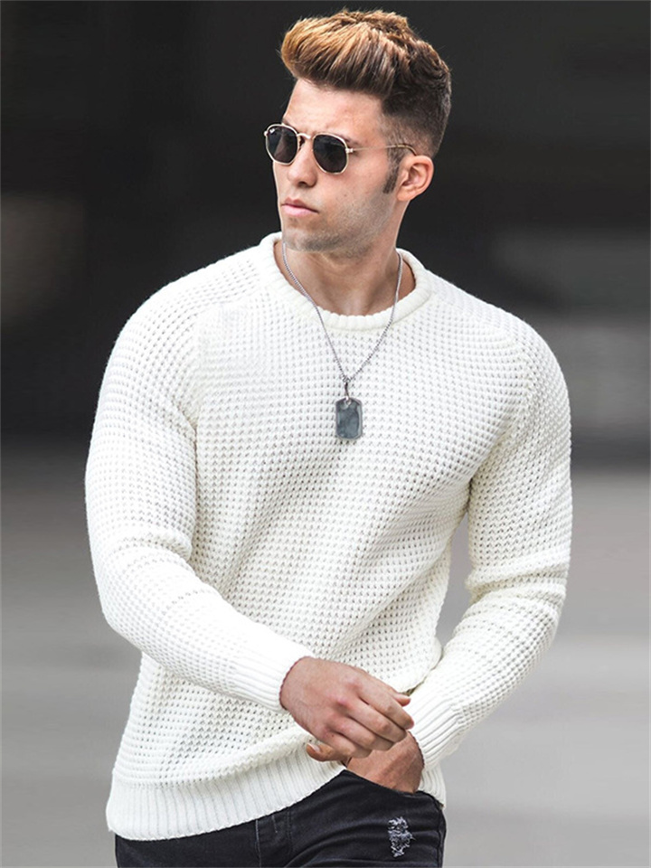 Men's Sweater Sports Loose Plaid Plunge Sleeve Sweater Round Neck Pullover Casual Long Sleeve Men's Knitwear