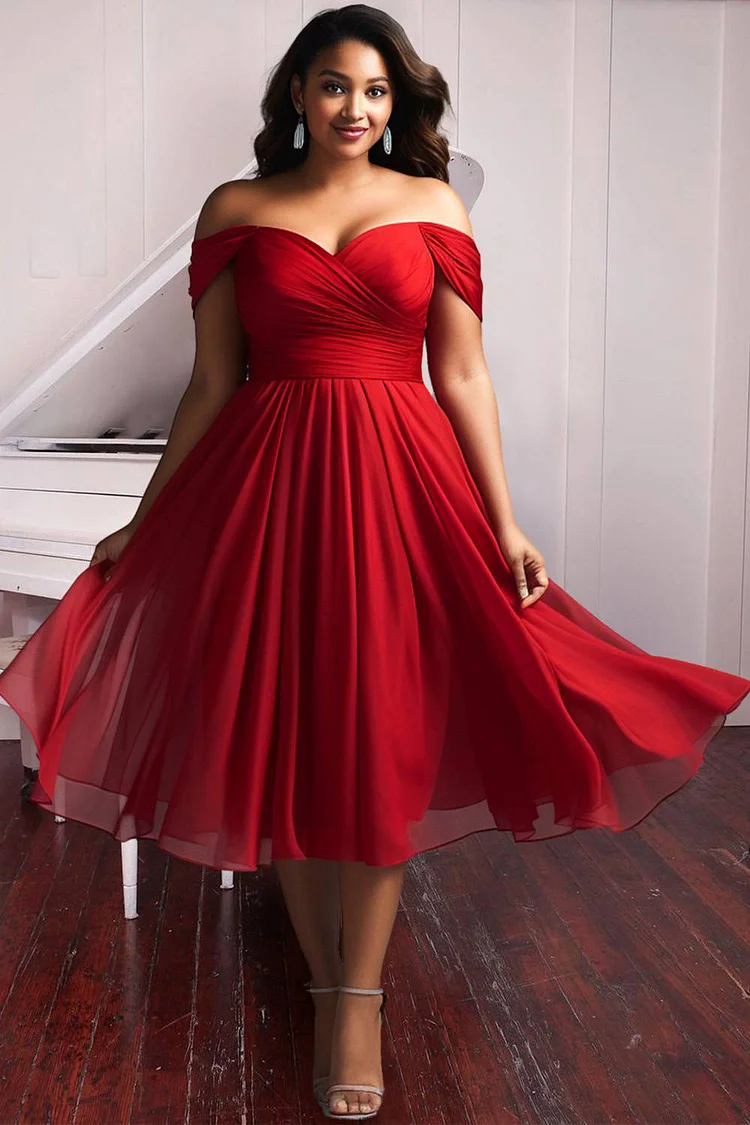Plus Size Cocktail Party Midi Dresses Elegant Red Fall Winter Off The Shoulder Short Sleeve Pleated A-Line Chiffon Midi Dresses [Pre-Order]