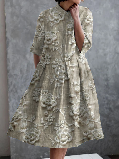 Vintage Embroidered Floral Print Casual Elegant Pocket Half Sleeve Dress