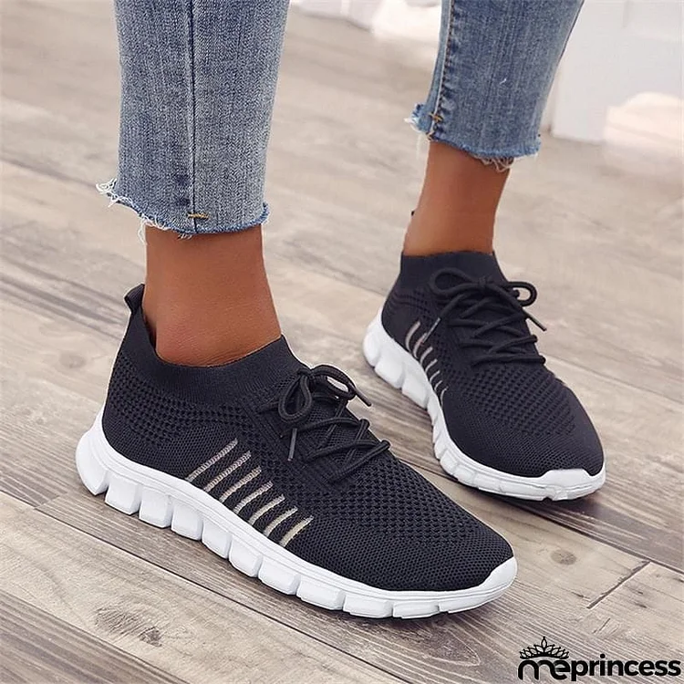 Solid Color Mesh Breathable Lace-Up Sneakers For Women