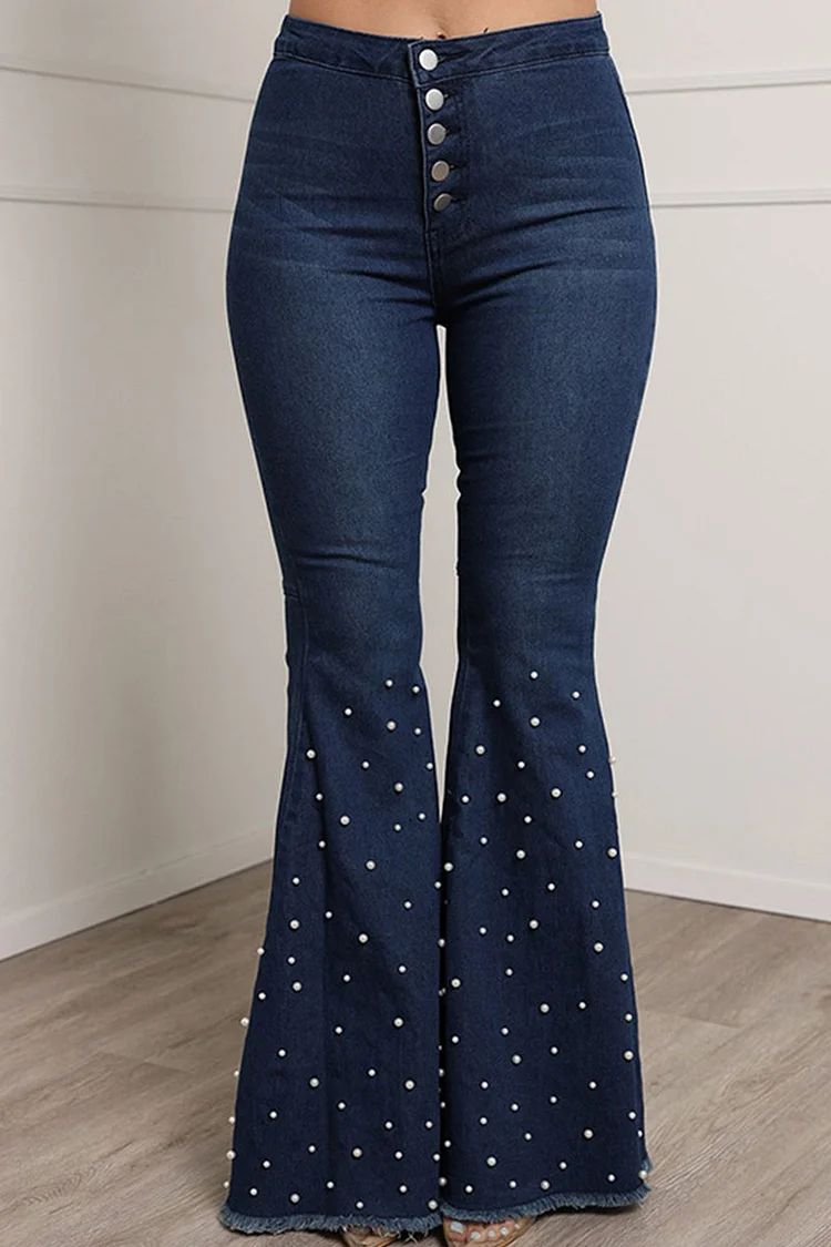 Deep Blue Casual Street Solid Split Joint Beading High Waist Boot Cut Denim Jeans