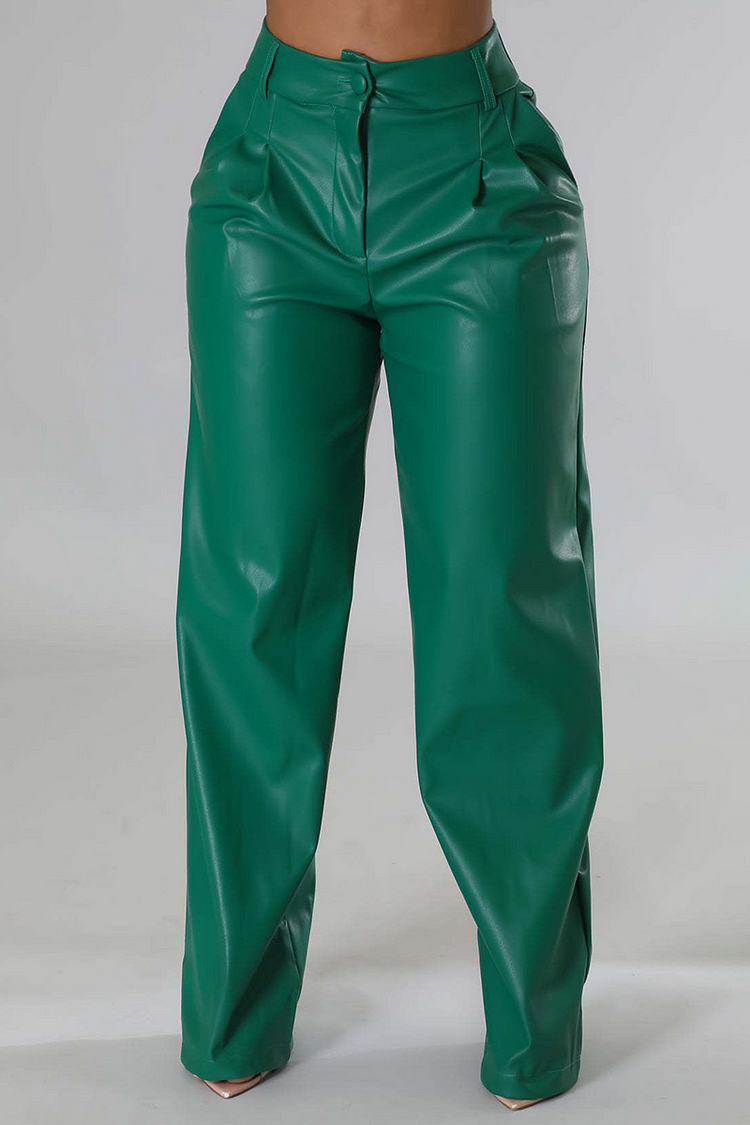 PU Leather Straight Leg Solid Color Pants-Green