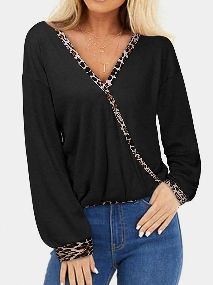 Leopard Printed Long Sleeve V neck Patchwork T shirt For Women P1769599