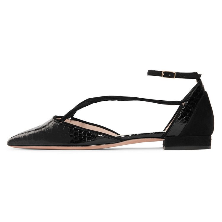 Black Pointy Toe Flats Python Ankle Strap Shoes |FSJ Shoes