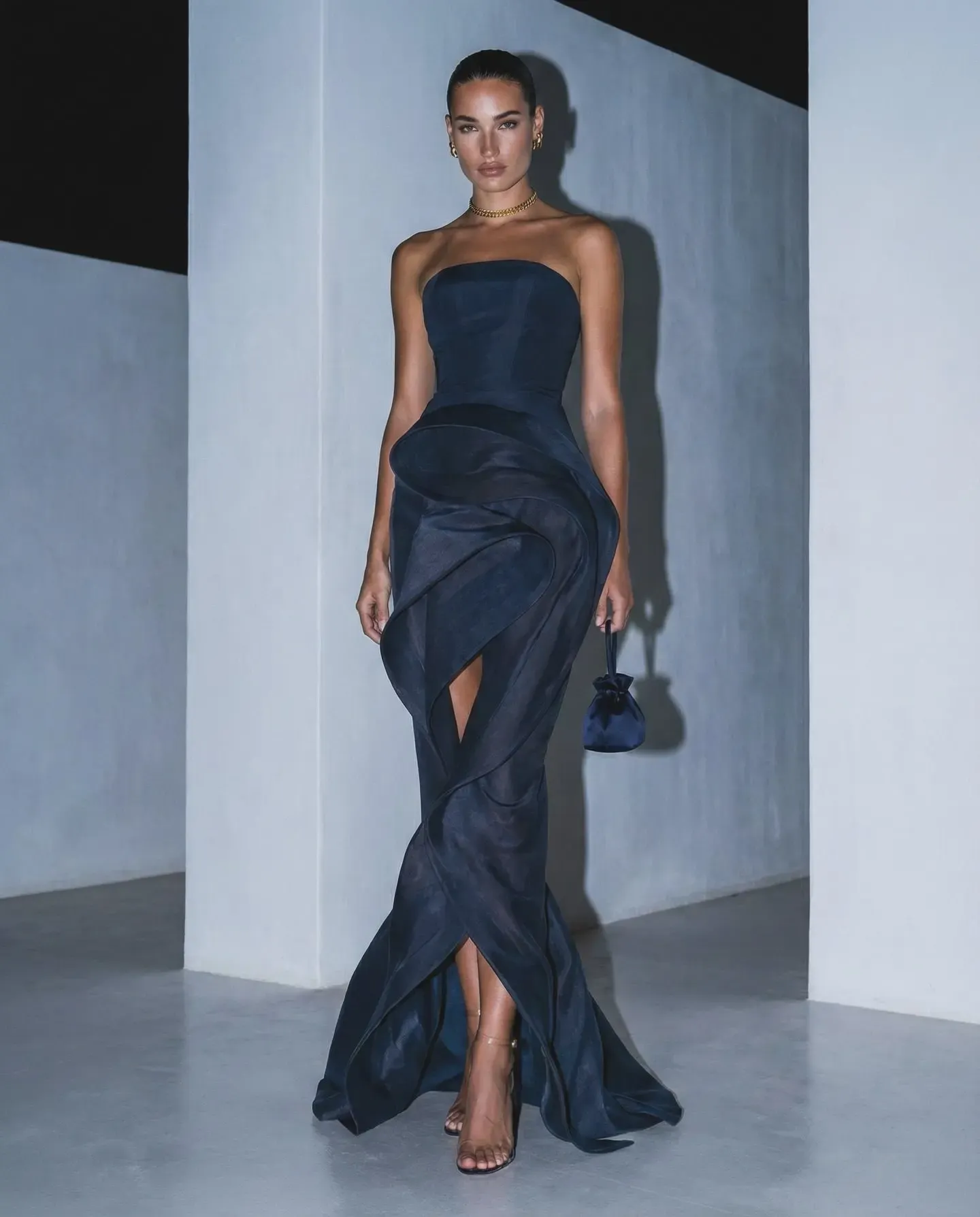 Lussooy Stunning Dark Navy Strapless Pleated Sleeveless Hi-Lo Floor Length Prom Dress