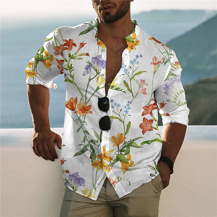 BrosWear Oil Painting Flower Print Long Sleeve Shirt