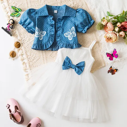 【9M-3Y】Girls' Butterfly Print Top + Strap Patchwork Tulle Dress 2-Piece Set