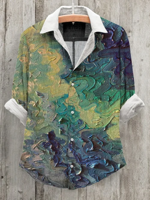 Women's Casual Oil Painting Art Print Cotton And Linen Shirt