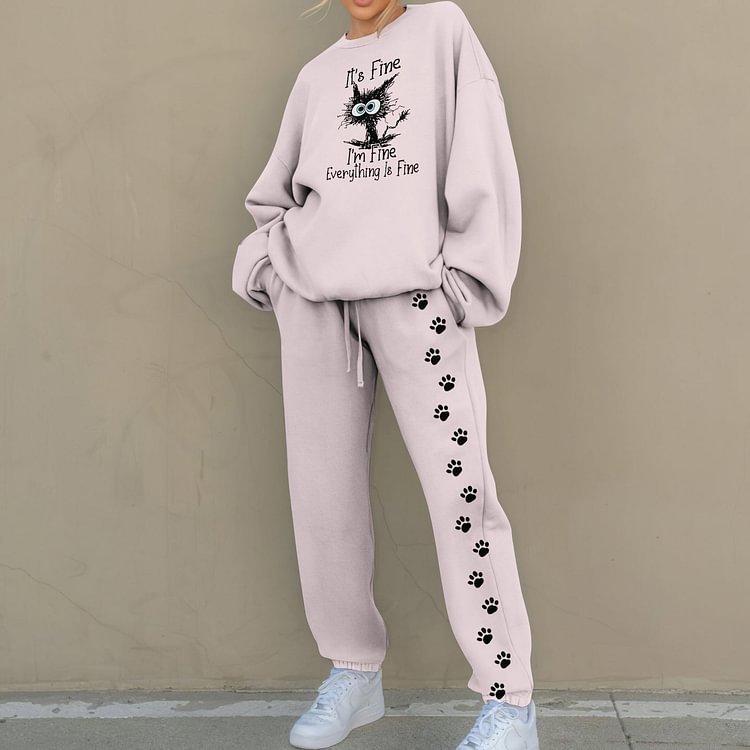 VChics I'M Fine Everything Is Fine Cat Print Sweatshirt Two Piece Set