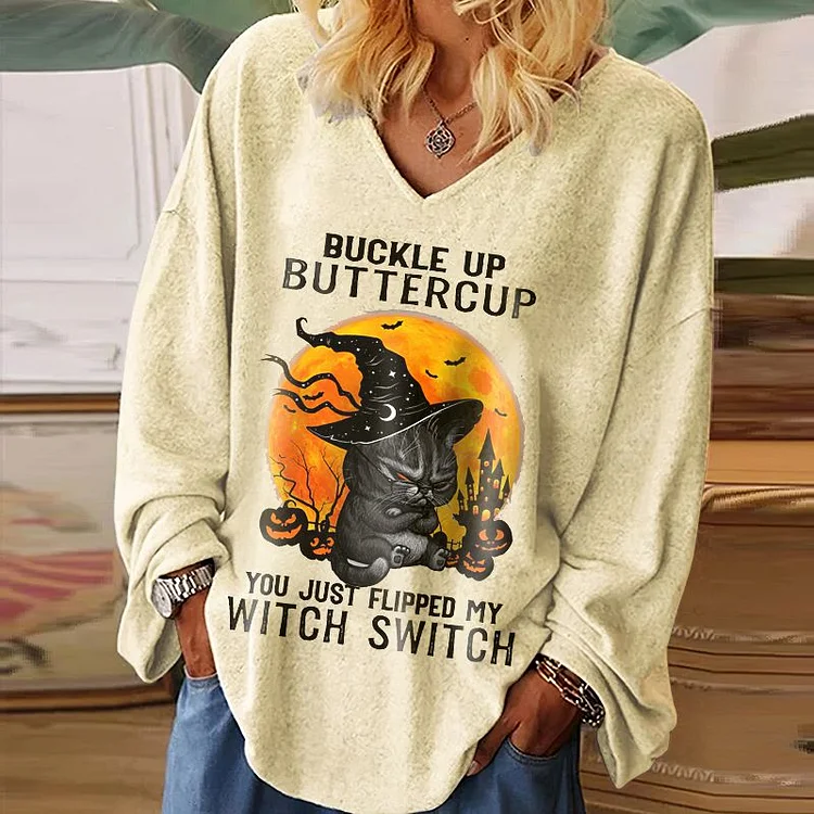 Loose Cat Print Long Sleeve T-Shirt