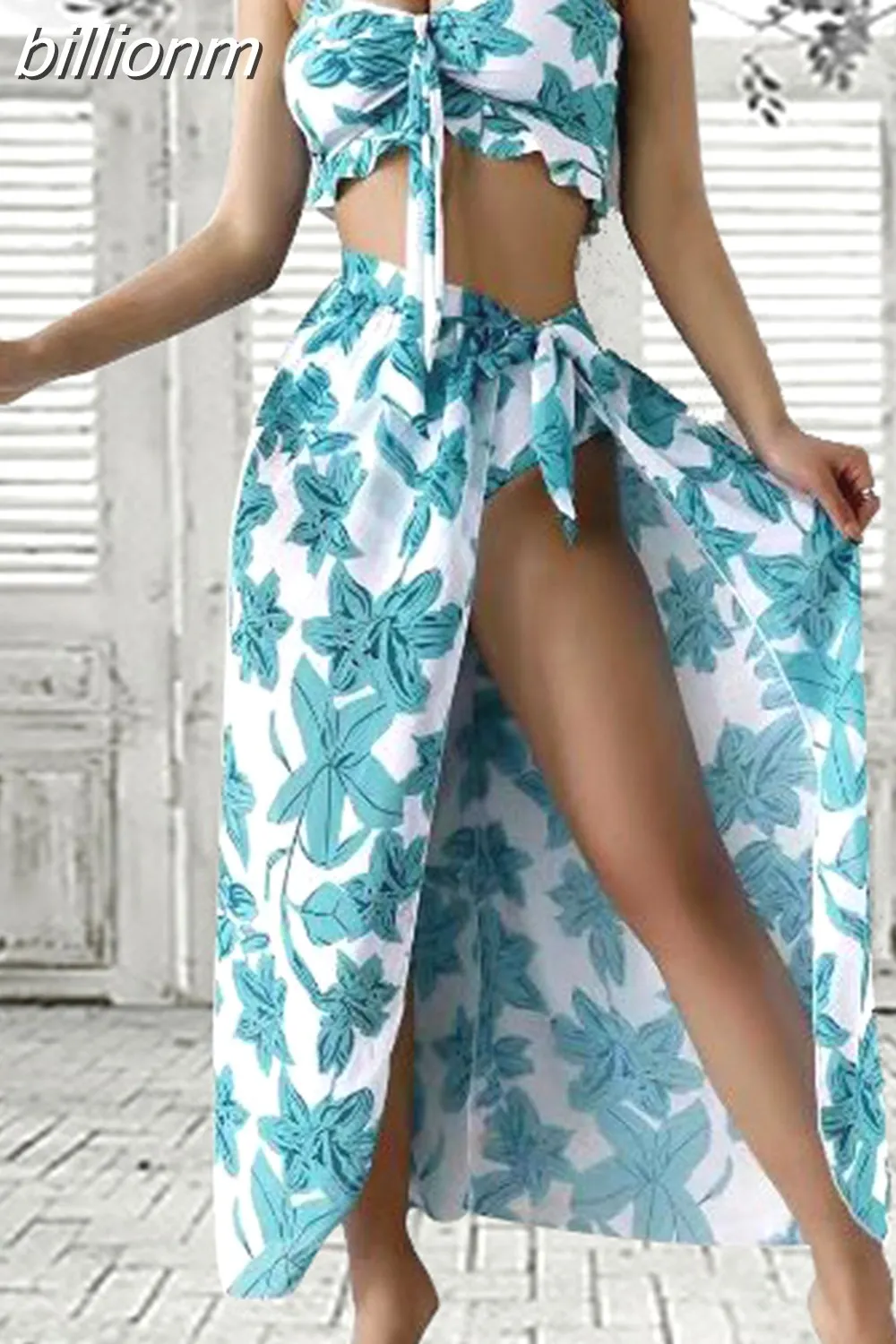 Billionm Pieces Ruffle Bikini Set Floral Print Women 2023 New Twisted