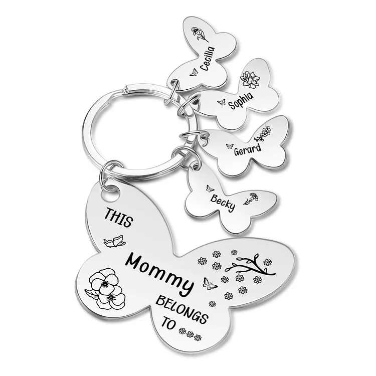 Personalized 4 Names & 4 Birthday Flowers & 1 Text Keychain Custom Butterfly Family Keychain Gift for Mother/Grandma