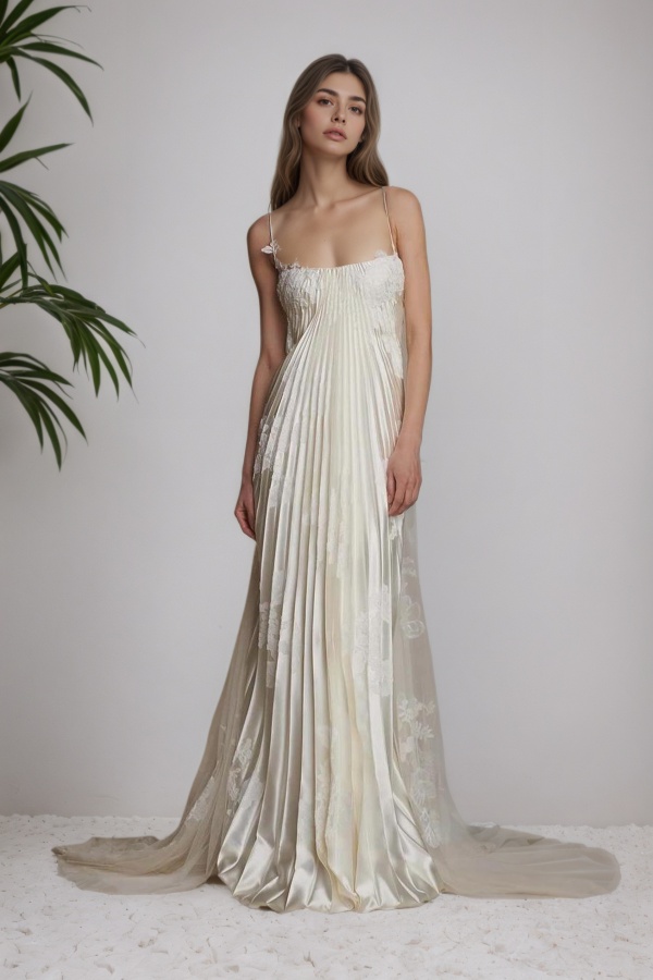 Gorgeous Ivory Appliqued Pleated Satin Backless Prom Dress XJ0176