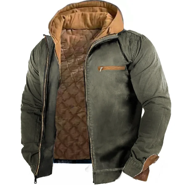 Men's Winter Flannel Quilted Lined Hooded Zip Pocket Shirt Jacket