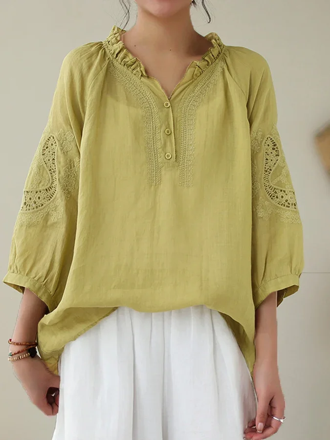 Women'S V-Neck Literary Retro Loose Embroidered Lace Hollow Shirt