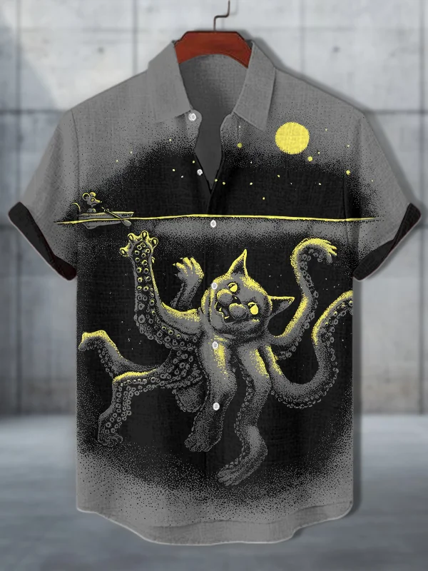Men's Cat Octopus Tentacles Fun Print Casual Shirt