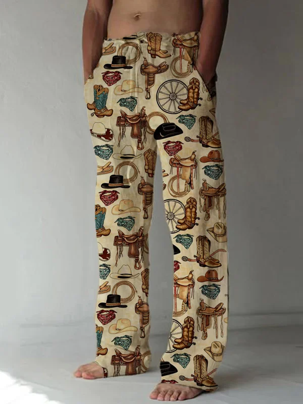 Men's Linen American Western Print Casual Pants