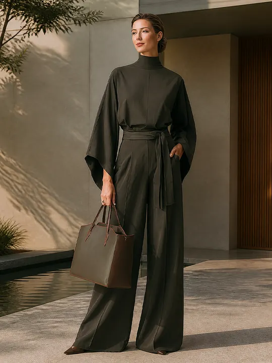 Women's Belted Elegant Solid High Neck Batwing Wide Leg Jumpsuit MD