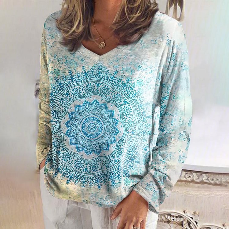 Mandala Printed Comfortable Long-Sleeved T-shirt