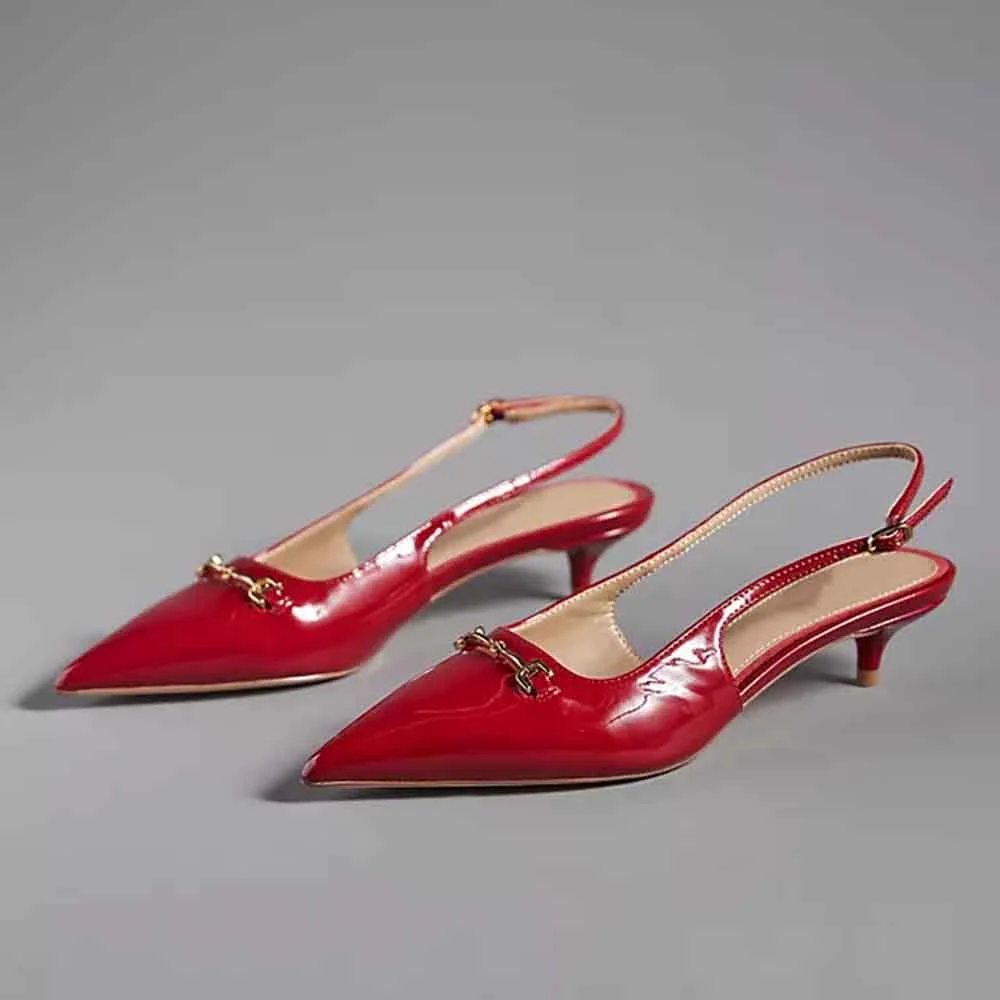 Red Patent Leather Pointed Toe Slingback Pumps with Kitten Heel Nicepairs