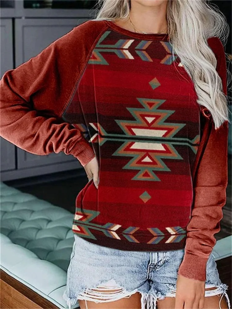 Western Aztec Patchwork Sleeve Sweatshirt