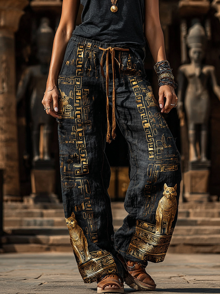 Women's Vintage Ancient Egyptian Cat Art Linen Blend Pants