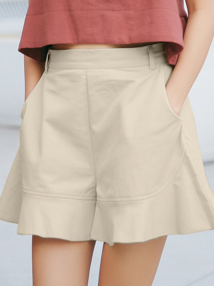 Ruffle Hem Solid Pocket Casual Wide Leg Shorts