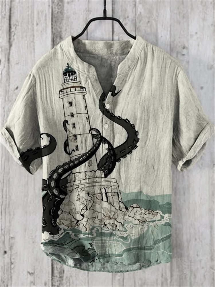 Comstylish Giant Octopus Lighthouse Art Linen Blend Shirt