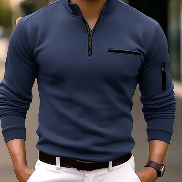 Sport Stand Collar Zipper Long Sleeve Solid Color Polo Shirt