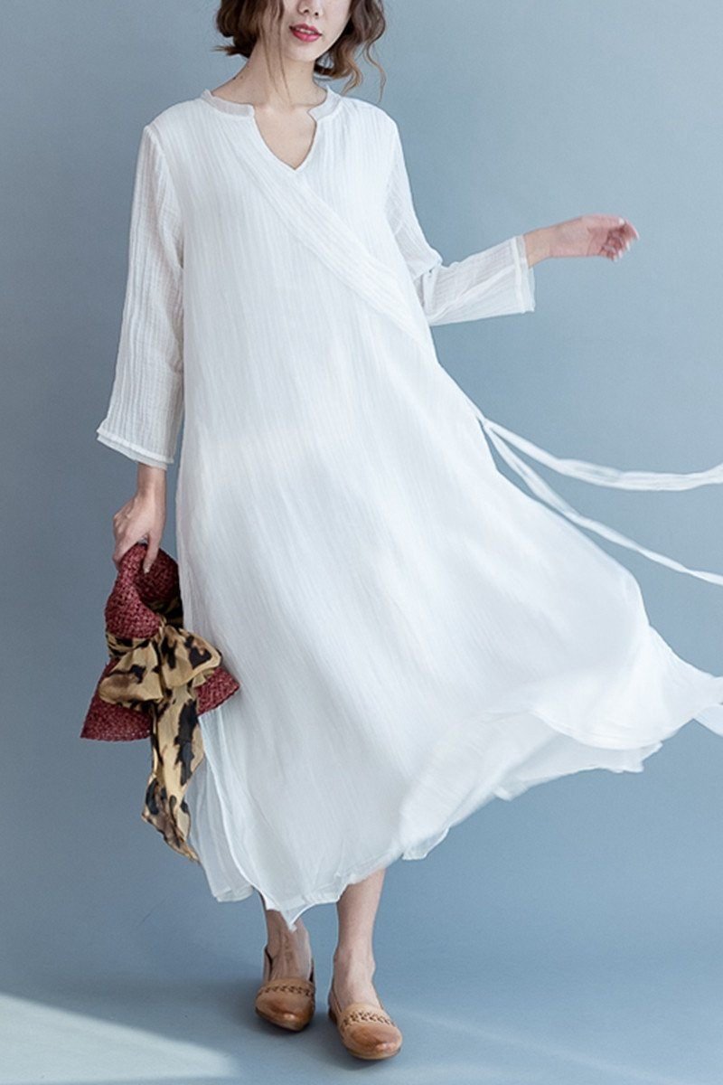 White Silk Linen Long Summer Dresses V Neck Women Clothing Q3111