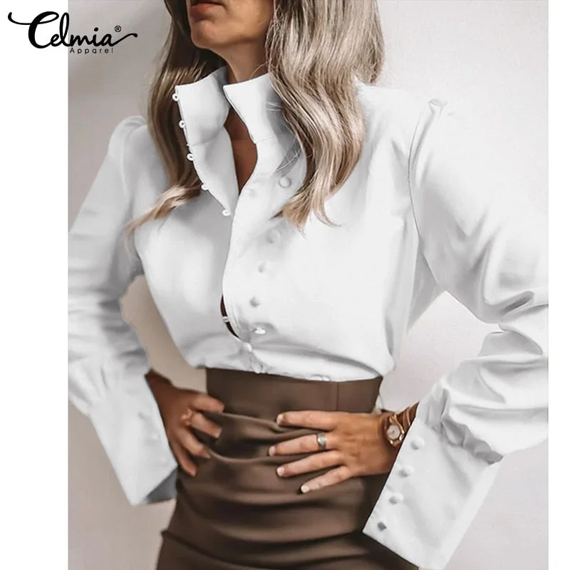 Celmia Women Elegant Blouses Long Puff Sleeve Shirts Tunic Fashion