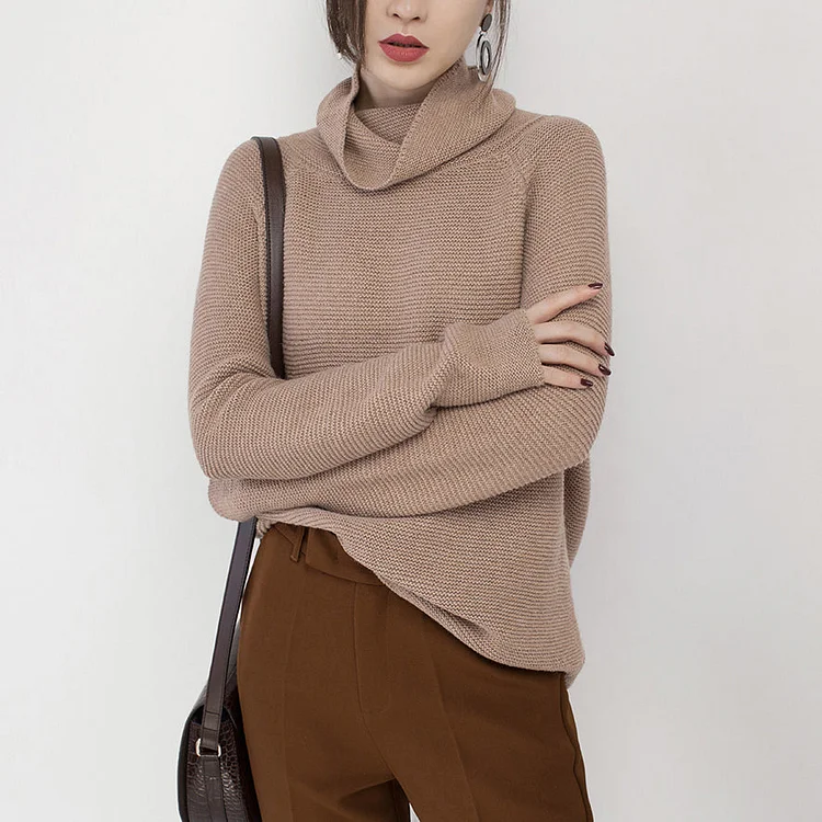 boutique khaki knit sweaters plus size high neck sweaters Fine baggy top
