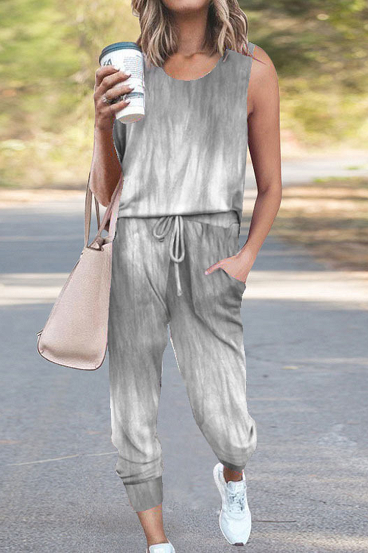 Casual Street Gradual Change Floral Draw String Pocket O Neck Sleeveless Two Pieces - Life is Beautiful for You - SheChoic