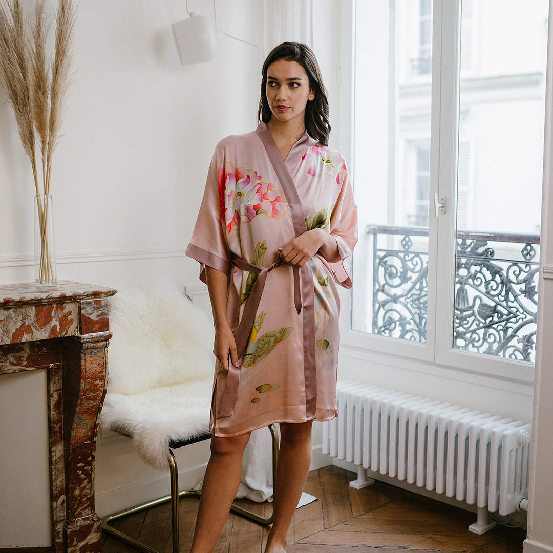 19 Momme Deep Pink Floral Women's Silk Kimono Robe REAL SILK LIFE