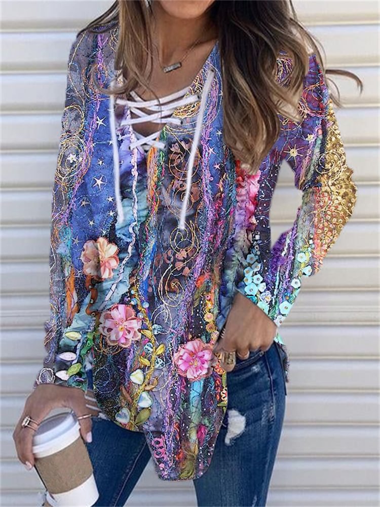 Comstylish Night Garden Art Lace Up V Neck T Shirt