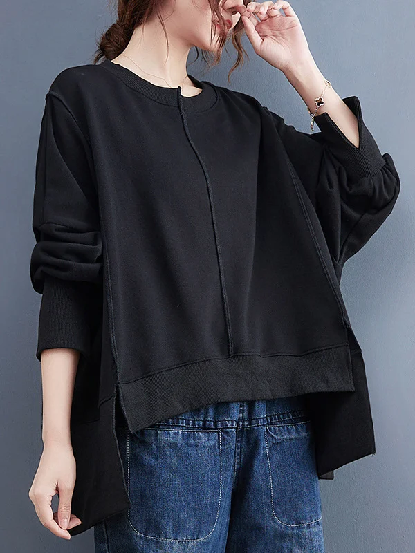 Simple Long Sleeves Loose Solid Color Round-Neck Hoodies&Sweatshirt Tops