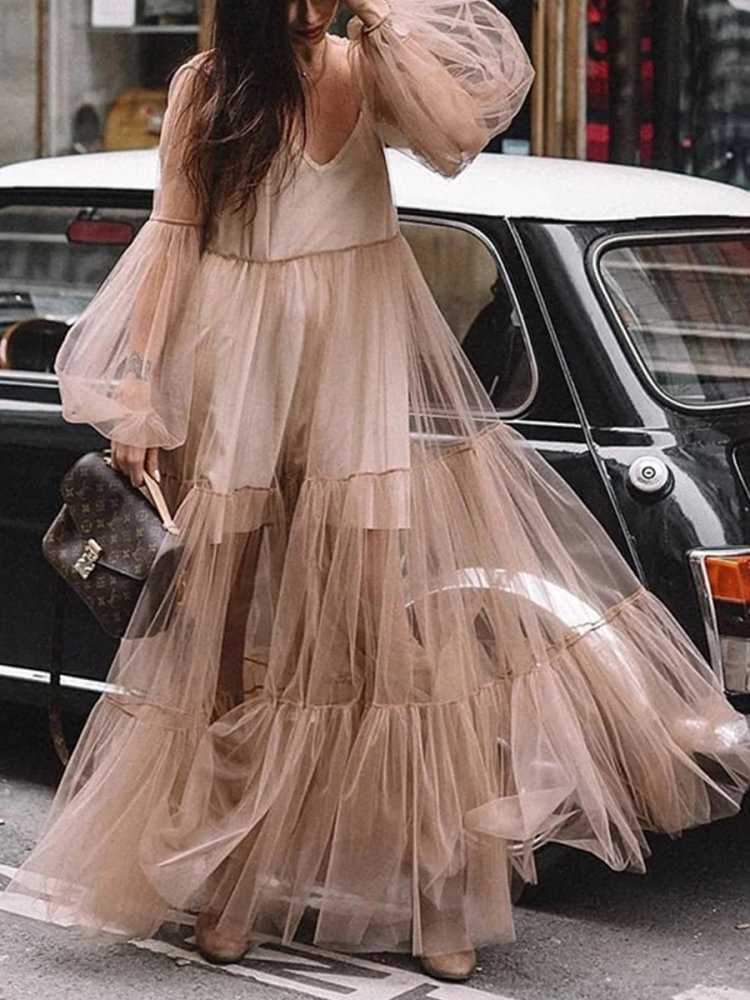 Casual Sexy Deep V Neck Grenadine Maxi Dresses P10596