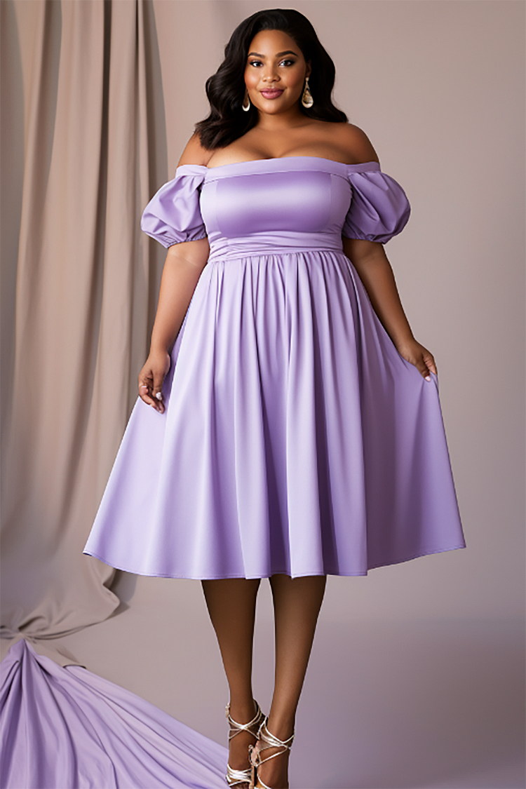 Plus Size Semi Formal Midi Dresses Elegant Lavender Fall Winter Off The Shoulder Satin Midi Dresses [Pre-Order]