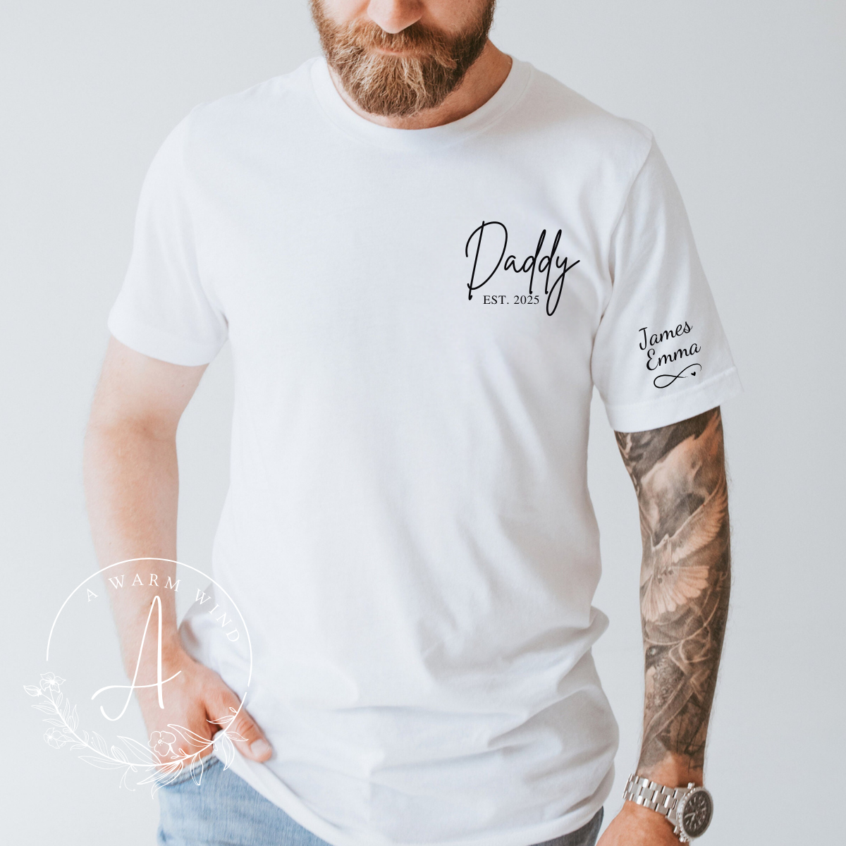 Personalized Daddy T Shirt With Kids Names On Sleeve, New Dad Gift ...