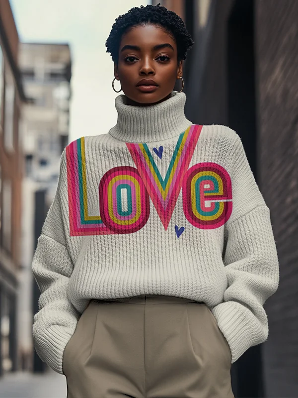 Women's Rainbow Love Print High Neck Knit Sweatshirt