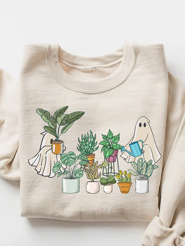 Halloween Ghost Plant Graphic Print Round Neck Sweatshirt