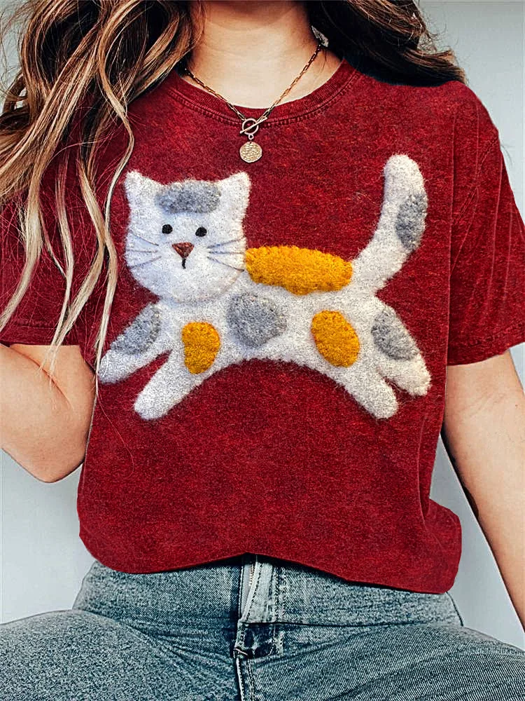Felt Cat Vintage Casual Cozy T-Shirt