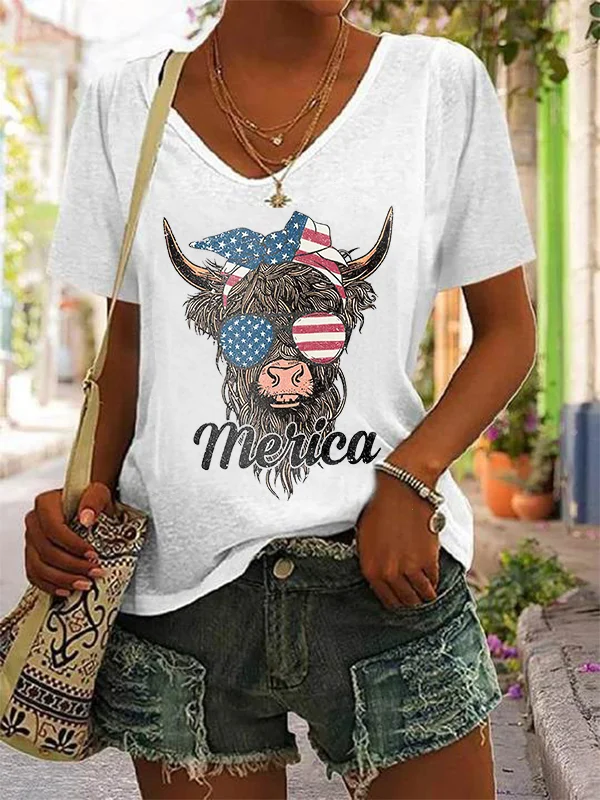 America Cow Print Women's V-neck T-shirt