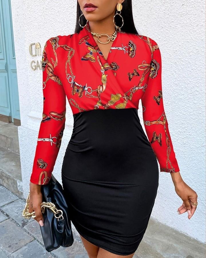 Scarf Chain Print Colorblock Bodycon Dress P14534